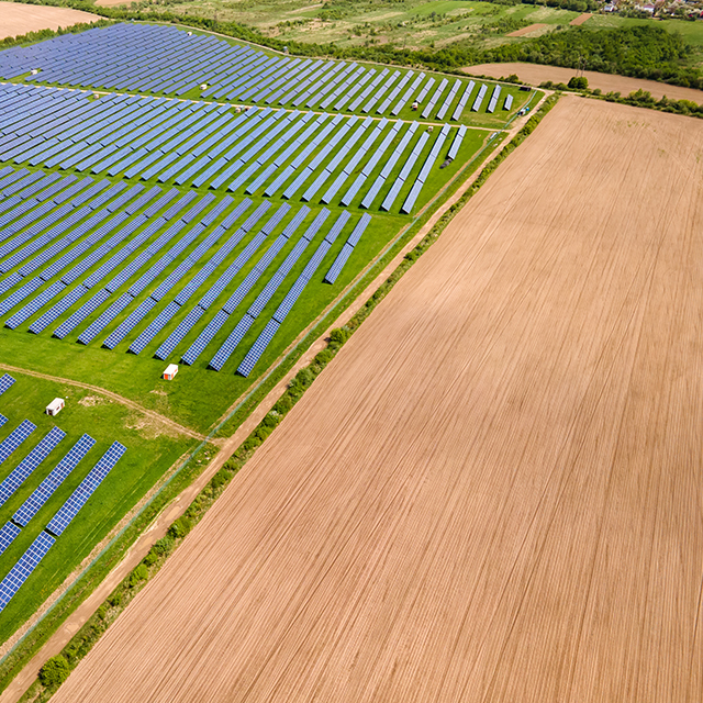 A solar panel farm next to a dry field