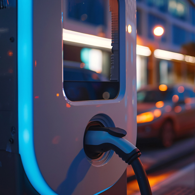 An EV charging station lit up by the lights of a city at night