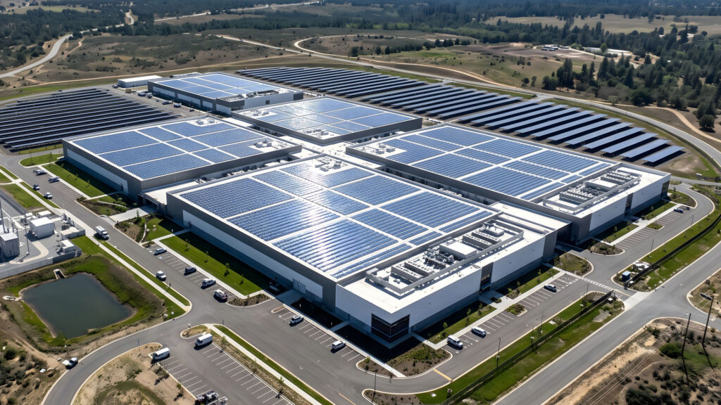 Image of a data center with solar panels on